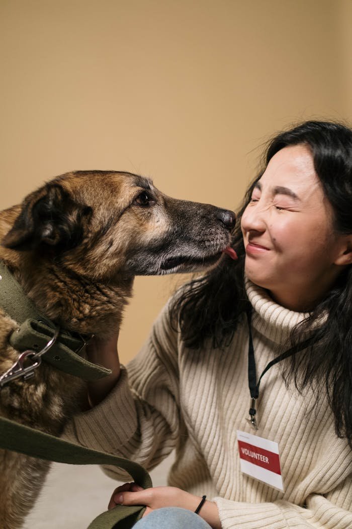 Smiling woman enjoys moment with dog inside a cozy room.